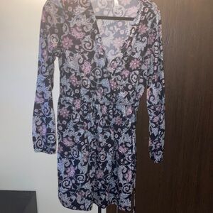 Xhilaration Black Long Sleeve Floral Wrap Dress with Pink & White Accents